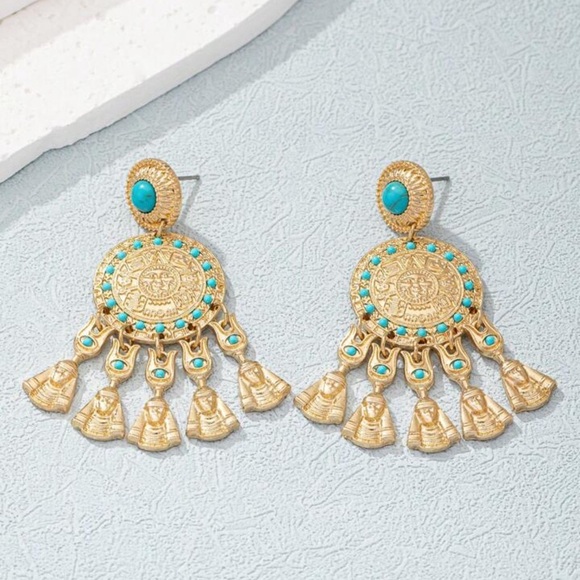 2/$30🌵 Blue Stone Gold Pharoah Egyptian Earrings Tribal Jewelry Gift Boho NEW - Picture 8 of 12